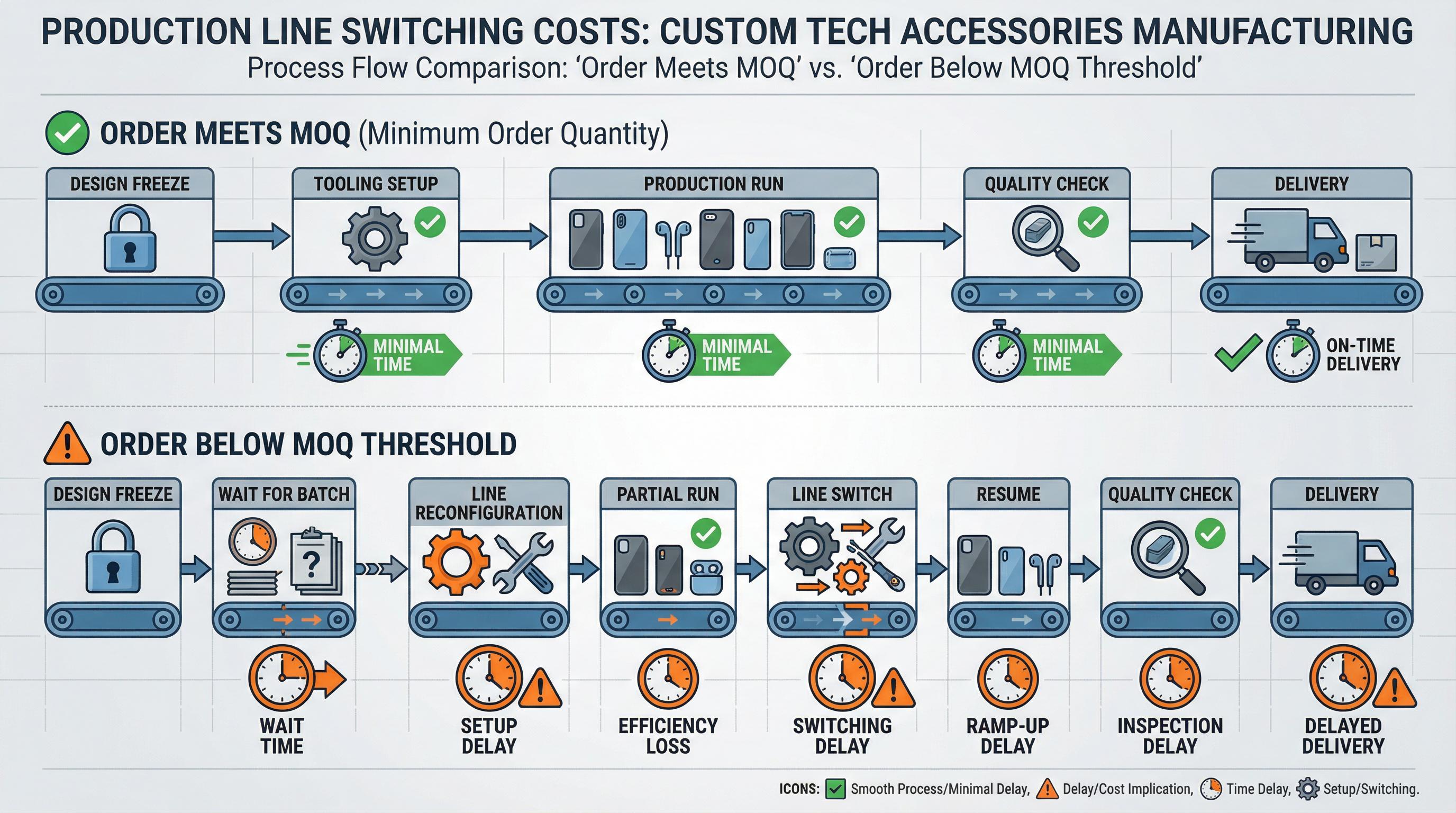 Production workflow comparison between orders meeting MOQ versus below threshold